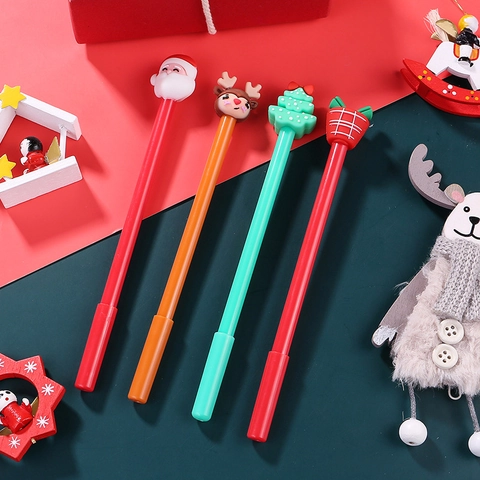 Cartoon Christmas Gel Pen With Santa Claus Reindeer Christmas Tree Pattern Silicone Head Black Ink Student Stationery Festive Gift