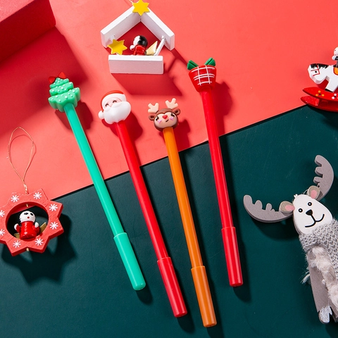 Cartoon Christmas Gel Pen With Santa Claus Reindeer Christmas Tree Pattern Silicone Head Black Ink Student Stationery Festive Gift