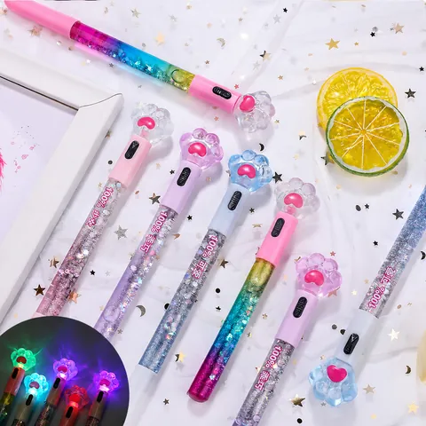 Creative Cat Paw Quicksand Gel Pen Luminous LED Glitter 0.5mm Black Ink Sign Pen Kawaii Stationery For School Office Students Gift