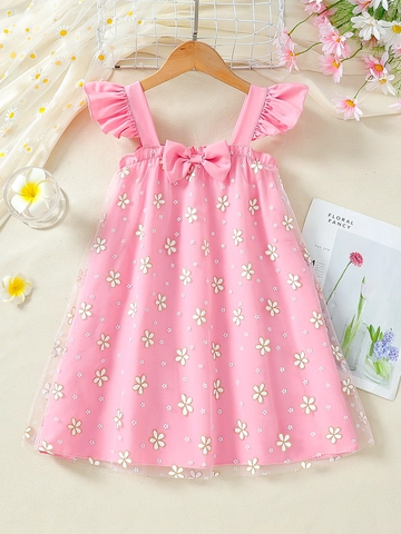 Abito da Bambina in Mesh con Margherite Rosa Stile Principessa Estivo con Fiocco e Maniche a Volant Vestiti da Festa