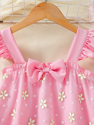Abito da Bambina in Mesh con Margherite Rosa Stile Principessa Estivo con Fiocco e Maniche a Volant Vestiti da Festa