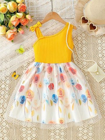 Toddler Girls Summer Dress Floral Rose Mesh Patchwork Single Shoulder Bow Ribbed Knit Casual Party Holiday Outfit