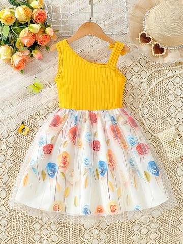Toddler Girls Summer Dress Floral Rose Mesh Patchwork Single Shoulder Bow Ribbed Knit Casual Party Holiday Outfit