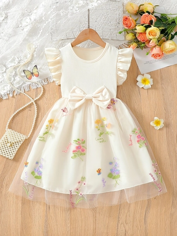 Girls Summer Ruffle Sleeve Dress With Mesh Floral Butterfly Embroidery Large Bow Ribbed Knit Princess A-Line Party Dress