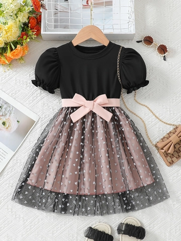 Girls Dress Short Sleeve Mesh Tulle Heart Print Patchwork Pink Bow Princess Style Summer Sweet Kids Clothing