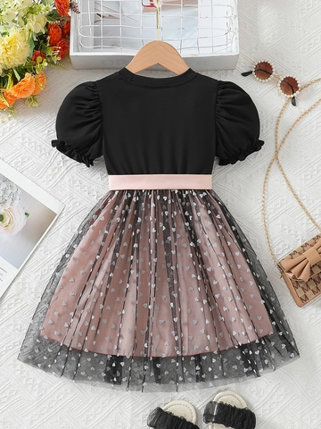 Girls Dress Short Sleeve Mesh Tulle Heart Print Patchwork Pink Bow Princess Style Summer Sweet Kids Clothing