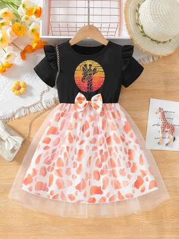 Girls Summer Dress Short Sleeve Mesh Patchwork Giraffe Print Sunset Pattern Bow Decor Kids Princess Party Dress