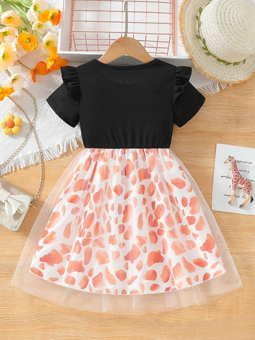 Girls Summer Dress Short Sleeve Mesh Patchwork Giraffe Print Sunset Pattern Bow Decor Kids Princess Party Dress
