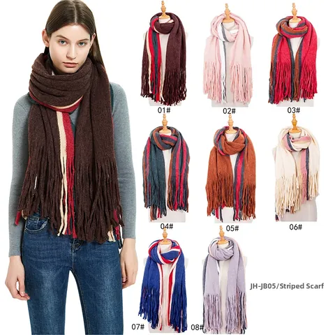 Long Striped Knit Scarf With Tassels For Women Men Thick Winter Warm Acrylic Soft Shawl Wrap Neck Warmer Outdoor