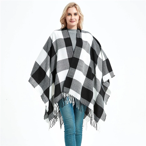Women Plaid Poncho Wrap Open Front Shawl With Tassels Soft Acrylic Winter Warm Cape Buffalo Check Outwear