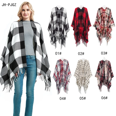 Women Plaid Poncho Wrap Open Front Shawl With Tassels Soft Acrylic Winter Warm Cape Buffalo Check Outwear