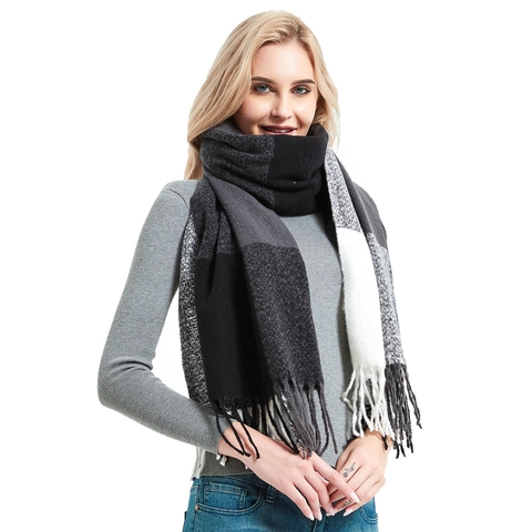 Sciarpa Invernale Grandi Quadri Morbido Caldo Scialle Con Frange Elegante Alla Moda Poliestere Lungo