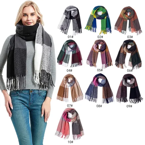 Sciarpa Invernale Grandi Quadri Morbido Caldo Scialle Con Frange Elegante Alla Moda Poliestere Lungo