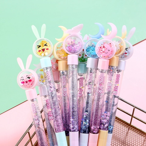 Stylos À Gel Pailletés Liquides Kawaii Avec Topper Dessin Animé Style Sable Mouvant Féerique Fournitures Scolaires