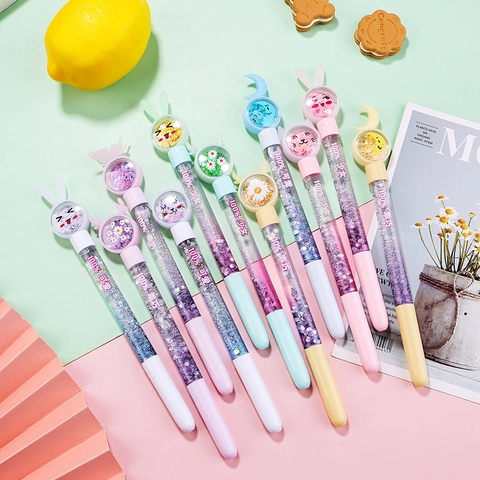 Stylos À Gel Pailletés Liquides Kawaii Avec Topper Dessin Animé Style Sable Mouvant Féerique Fournitures Scolaires