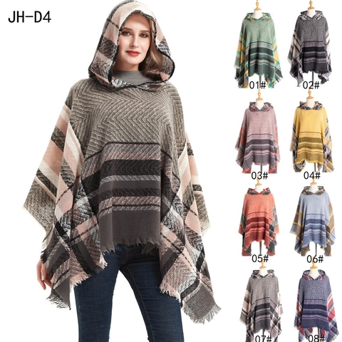 Dames Ruit Hooded Poncho Cape Visgraat Patroon Kwastje Zoom Winter Warm Polyester Casual Sjaal Streetwear Bovenkleding