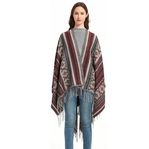 Women's Geometric Jacquard Ethnic Tassel Poncho Wrap Open Front Split Cloak Scarf For Travel Autumn Winter Fashion Warm Shawl
