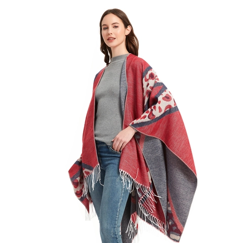 Women Leopard Print Poncho Cape Knit Tassel Shawl Wrap Open Front Oversized Winter Travel Scarf