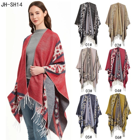 Women Leopard Print Poncho Cape Knit Tassel Shawl Wrap Open Front Oversized Winter Travel Scarf