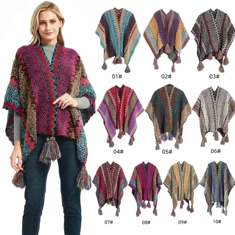 Ethnic Knit Poncho Shawl For Women Bohemian Zigzag Striped Tassel Cape Winter Warm Color Block Soft Wraps Travel Accessory