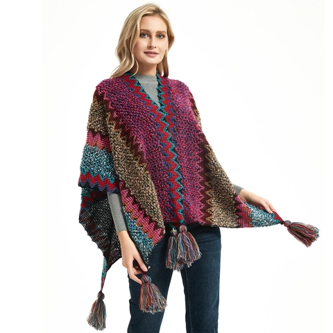 Ethnic Knit Poncho Shawl For Women Bohemian Zigzag Striped Tassel Cape Winter Warm Color Block Soft Wraps Travel Accessory