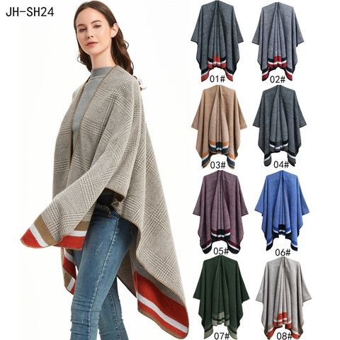 Women Plaid Acrylic Shawl Slit Cape Fashion Winter Warm Knitted Poncho Tassel Outerwear Wrap