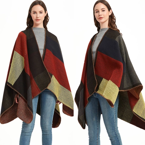 Women's Vintage Geometric Patchwork Knitted Shawl Poncho Wrap Winter Warm Open Front Cloak Cape With Overlock Stitching
