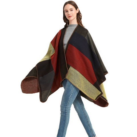 Women's Vintage Geometric Patchwork Knitted Shawl Poncho Wrap Winter Warm Open Front Cloak Cape With Overlock Stitching