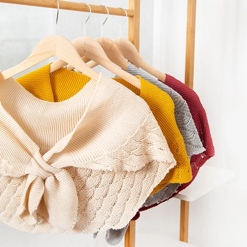 Women Korean Style Knitted Hollow Out Shawl Scarf Rayon Front Tie Decorative Fake Collar Shoulder Wrap For Daily Travel