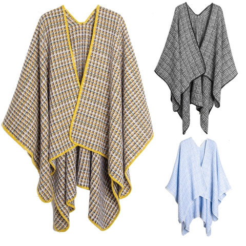 Women Houndstooth Shawl Acrylic Shiny Satin Poncho Winter Warm Open Front Split Cape Wrap Fashionable Elegant Outerwear