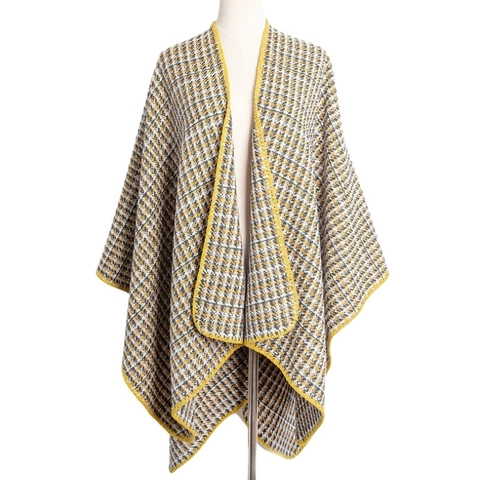 Women Houndstooth Shawl Acrylic Shiny Satin Poncho Winter Warm Open Front Split Cape Wrap Fashionable Elegant Outerwear