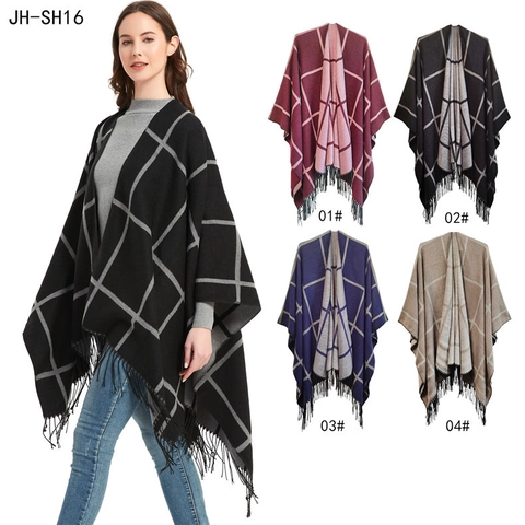 Women Plaid Tassel Poncho Cape Large Geometric Pattern Open Front Split Shawl Knit Warm Oversized Wrap Cardigan Sweater