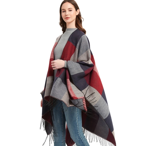 Women Plaid Tassel Shawl Poncho Oversized Reversible Checked Open Front Wrap Cape Polyester Warm Fall Winter Cardigan