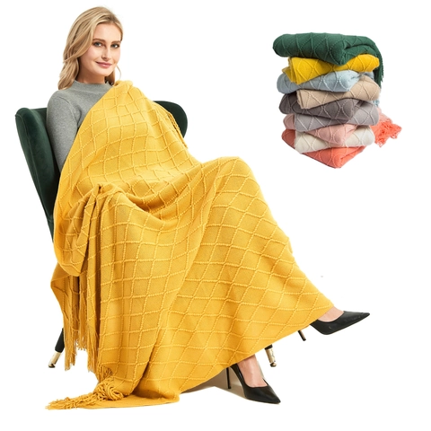 Knitted Soft Throw Blanket With Tassels Diamond Texture Solid Color Wrap Shawl For Home Sofa Couch Office Travel