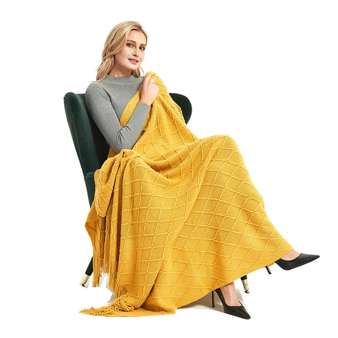 Knitted Soft Throw Blanket With Tassels Diamond Texture Solid Color Wrap Shawl For Home Sofa Couch Office Travel