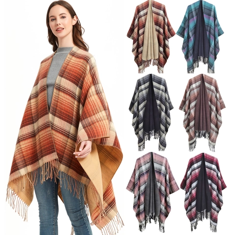 Women Plaid Poncho Shawl Acrylic Soft Warm Tassel Split Cape Winter Autumn Outerwear Vintage Fashion Ladies Wrap