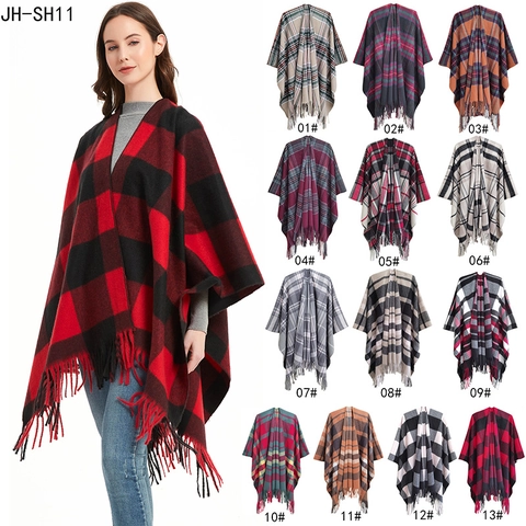Women Plaid Poncho Cape Brushed Thick Tassel Open Front Winter Shawl Wrap Buffalo Check Outerwear Elegant