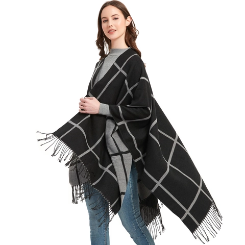 Women Plaid Tassel Poncho Cape Large Geometric Pattern Open Front Split Shawl Knit Warm Oversized Wrap Cardigan Sweater
