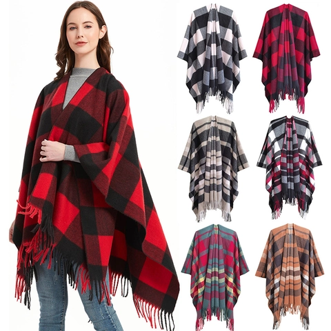 Women Plaid Poncho Cape Brushed Thick Tassel Open Front Winter Shawl Wrap Buffalo Check Outerwear Elegant