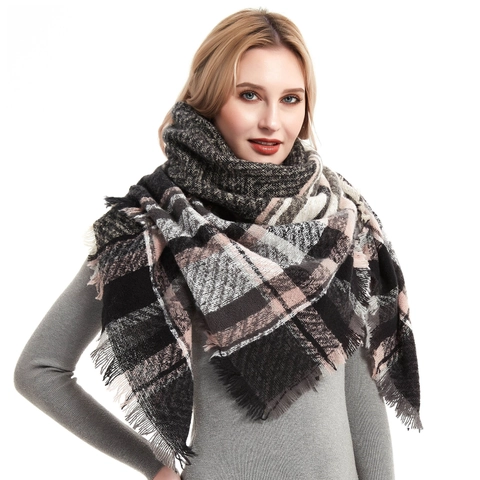 Women Large Plaid Scarf Shawl Soft Thick Warm Winter Checked Wrap With Tassel Fringe Square
