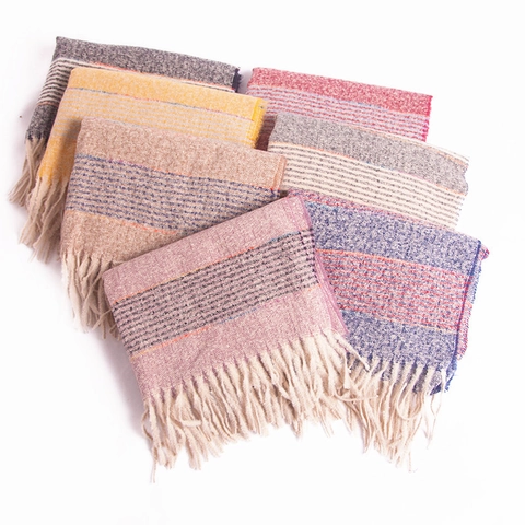 Women Winter Thickened Striped Scarf Soft Brushed Long Tassel Pashmina Wrap Elegant Thermal Neck Warmer Shawl Casual Fashion Ladies Accessory