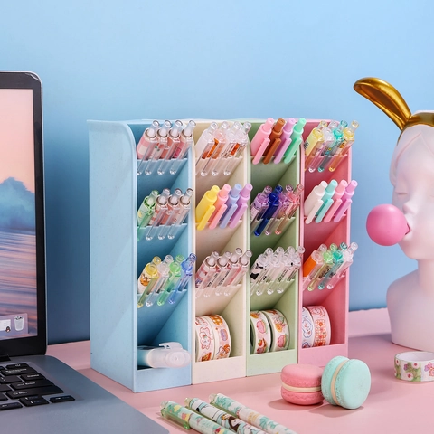 Minimalist Plastic Slanted 4 Grid Desk Organizer Pen Holder Multipurpose Desktop Storage Box For Stationery Makeup Brushes