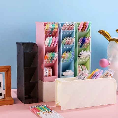 Minimalist Plastic Slanted 4 Grid Desk Organizer Pen Holder Multipurpose Desktop Storage Box For Stationery Makeup Brushes