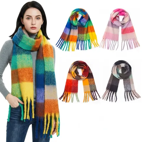 Rainbow Plaid Tassel Scarf For Women Winter Thick Long Checkered Shawl Wrap Soft Warm Fuzzy Polyester Neck Warmer