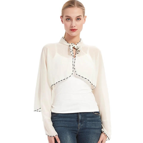Women's Lightweight Chiffon Sun Protection Shawl Shrug Sheer Bolero With Contrast Trim Tie-Up Cardigan For Driving Summer Outdoor