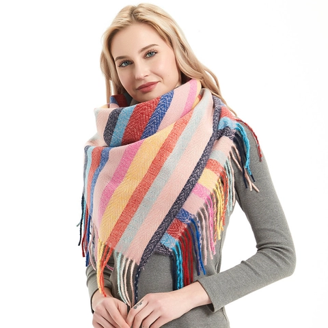Brushed Striped Plaid Square Scarf With Tassels Women Winter Warm Acrylic Large Shawl Wrap Thick Fringed Fashion Scarves