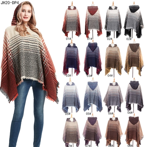 Women Hooded Poncho Cape Knitted Herringbone Plaid Pattern Fringed Tassel Shawl Bohemian Pullover Winter Warm Wrap