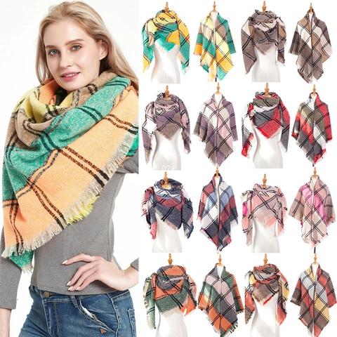 Women Men Winter Warm Thick Plaid Square Scarf Polyester Large Check Wrap Shawl With Tassels Fashion Accessories