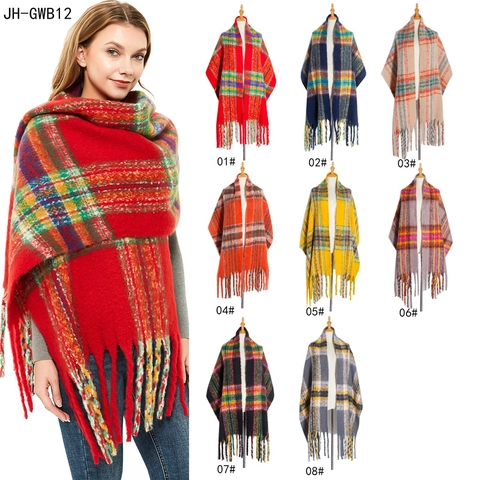 Women Winter Warm Polyester Scarf Plaid Tassel Shawl Thick Boucle Yarn Wrap Soft Fashion Outdoor Neck Warmer Casual Pashmina