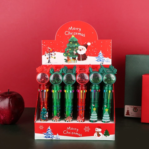Christmas Ballpoint Pen 10-Color Retractable Plastic Silicone Cartoon Reindeer Sequin Ball School Office Gift Novelty
